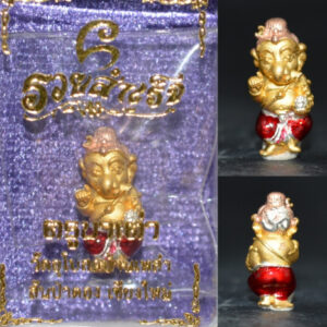 Phra Pikanet (Ganesha) "Ruay Samret" Amulet, Bronze with 3K Gold Plating and Enamel, Made by Kruba Tao, Wat Ubosot Ban Lao, Year 2023, Height 1.7 cm