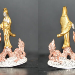 Guan Yin Goddess Standing on Dragon Bronze 3K Gold Plated Large Pim Long Life Edition Luang Pu Key Wat Sri Lamyong 2556
