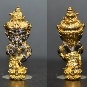 Mini Ganesha in Dancing Pose, Blackened Bronze with Gold Accent, Made by Kruba Khamfan, Wat Ko Chok, 2022