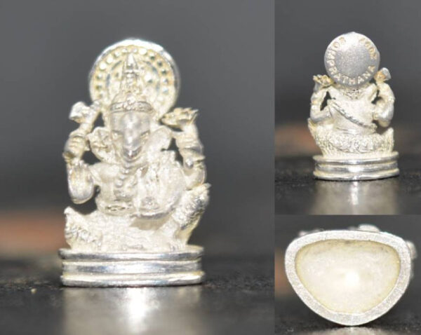Phra Pikanet (Ganesha) Floating Amulet, Silver with Gem Inlay, 1.3 cm Height, "Sompratana" Edition, Wat Bang Kung, 2007